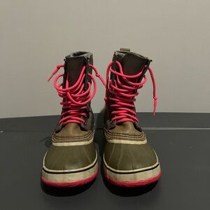 Brown and Pink Lace-Up Boots